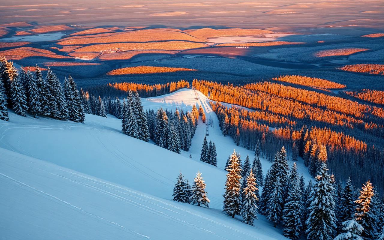 Snowy ski slopes and forested ridgelines at golden hour