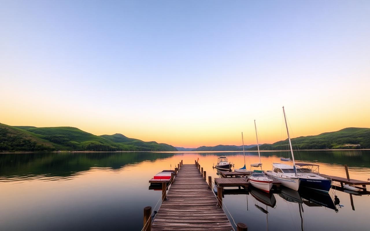 Wooden dock and moored boats on a Finger Lake at sunset