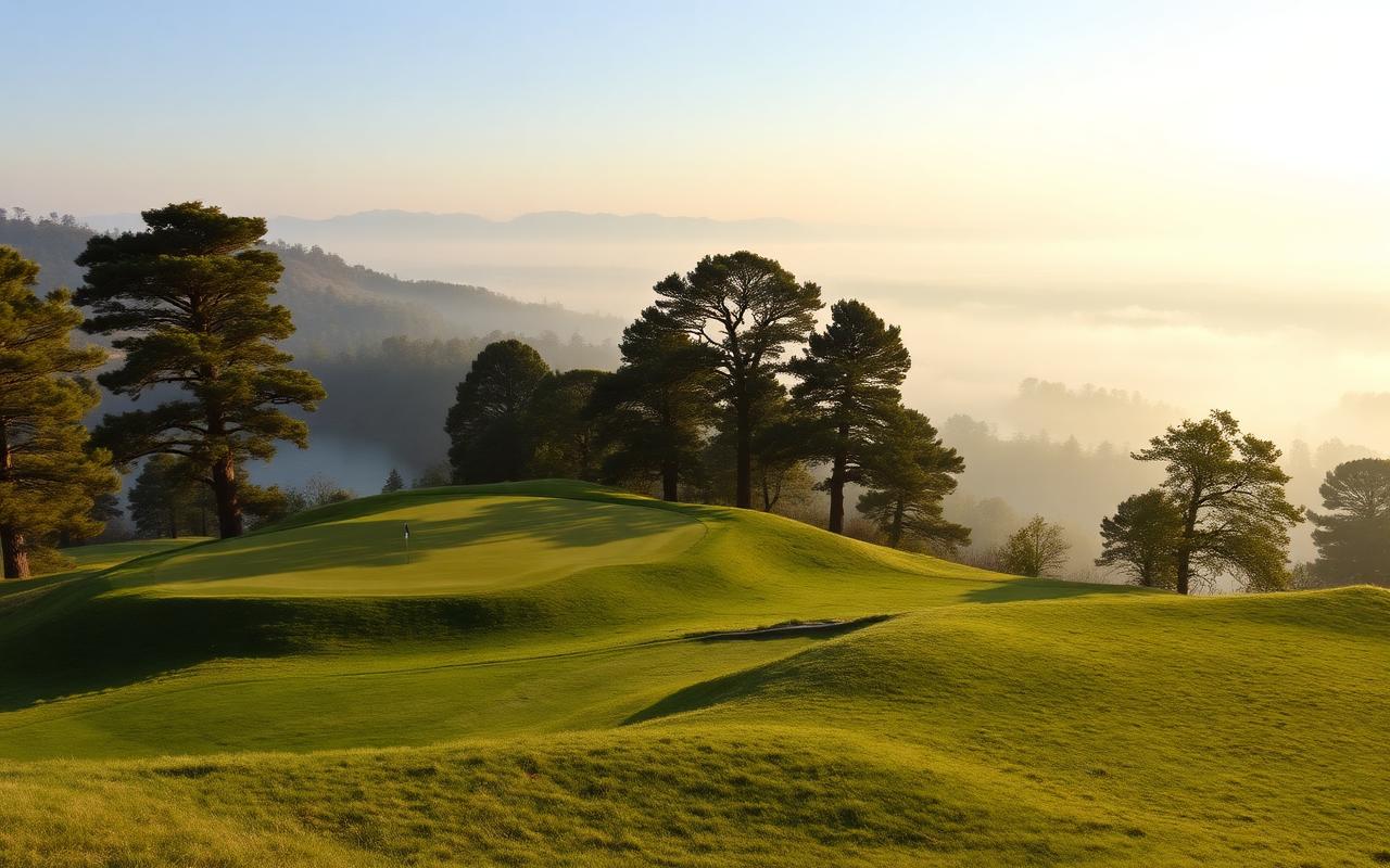 Hillside golf green above a misty valley at sunrise