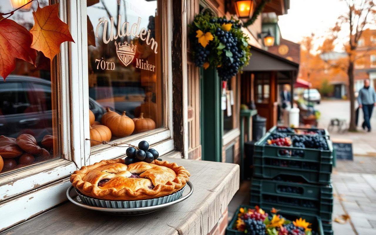Grape pie cooling on a village bakery windowsill in autumn