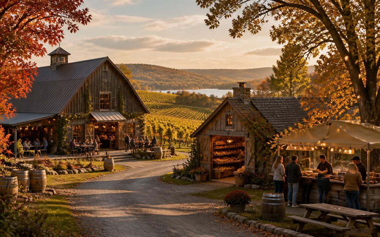 A rustic Finger Lakes country scene with a winery tasting barn, bakery, and outdoor brat stand along a quiet vineyard road