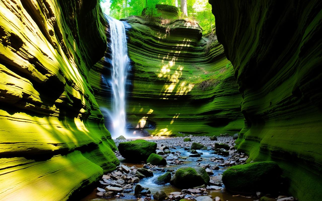 A tall waterfall in a mossy shale gorge