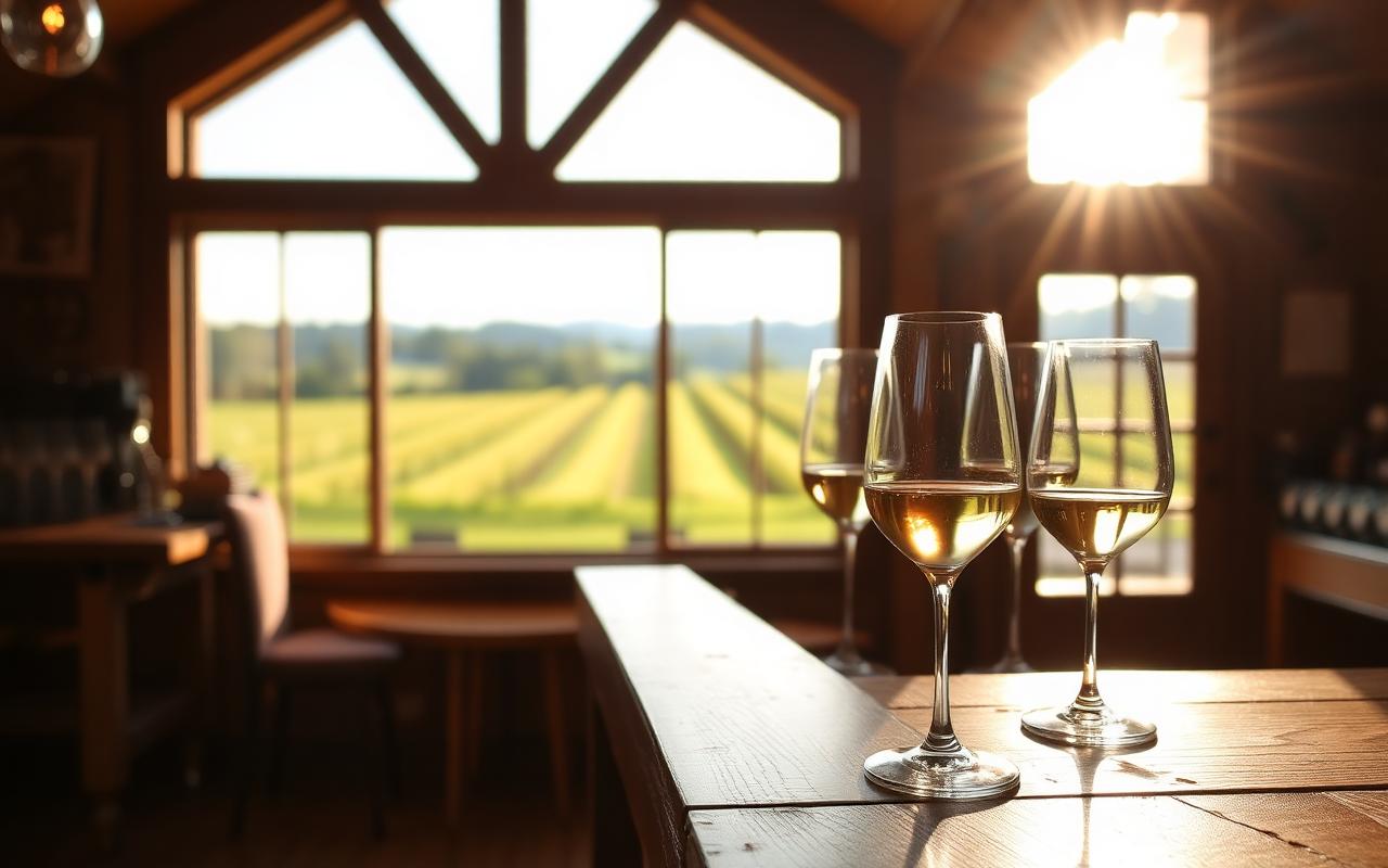 Glasses of Finger Lakes white wine in a rustic tasting room overlooking vineyards